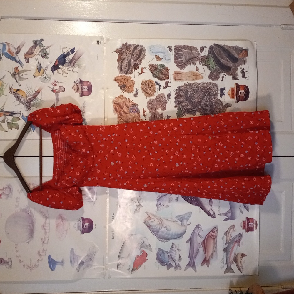Red Flowy Tie Front Floral Print Dress Square Low Neckline Women's Small